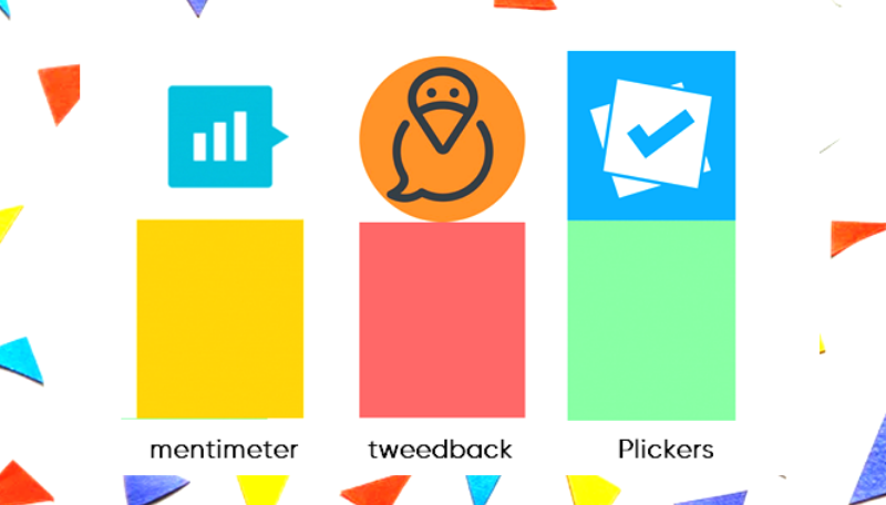 Die Logos der 3 im Beitrag vorgestellten Umfragetools: mentimeter, tweedback und Plickers.