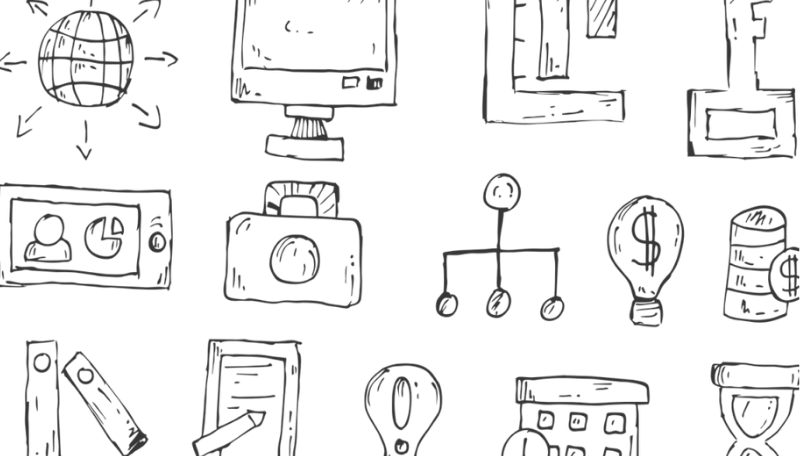 Verschiedene gezeichnete Symbole: zum Beispiel eine Glühbirne, eine Kamera, ein Handy oder ein Schlüssel.