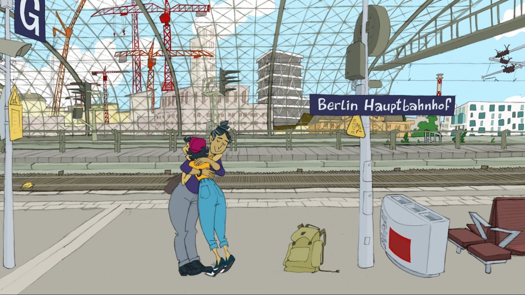 Zeichnung: Zwei Mensch umarmen sich am Berliner Hauptbahnhof.