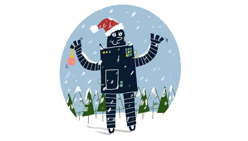 Zeichnung eines Roboters mit Weihnachtsmütze.
